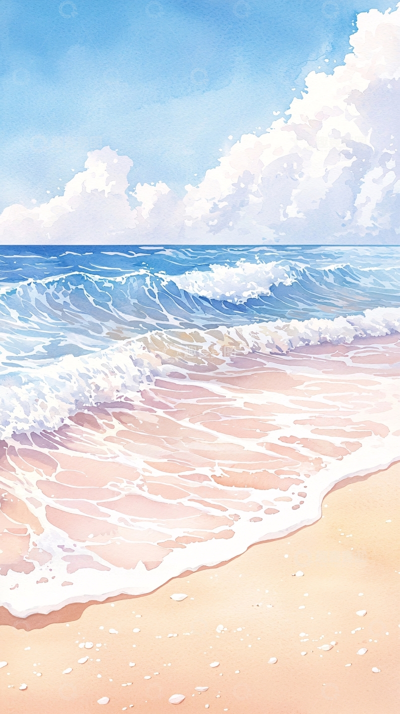 高清大图下载【趣麦麦图】海浪沙滩水彩画背景图