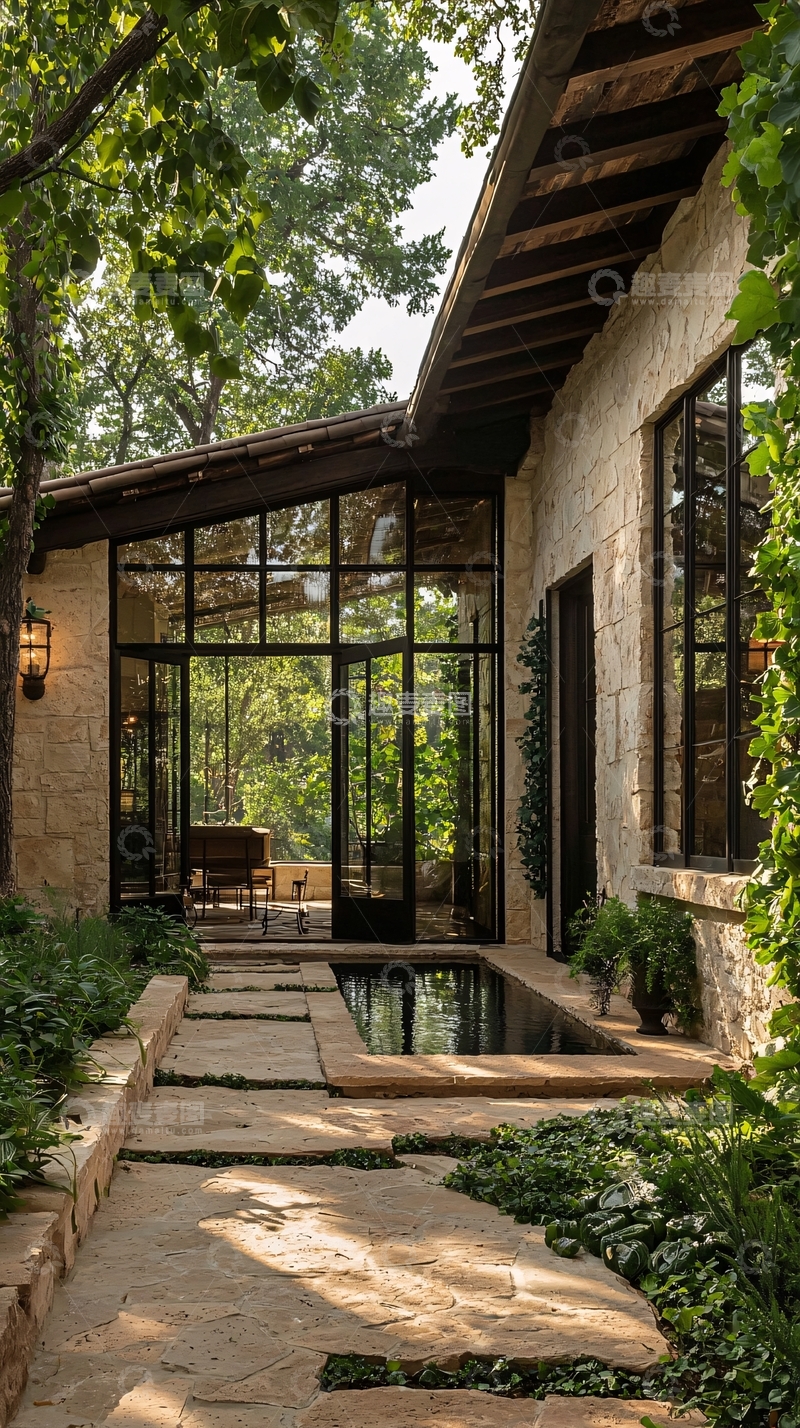 高清大图下载【趣麦麦图】石墙庭院与玻璃门廊
