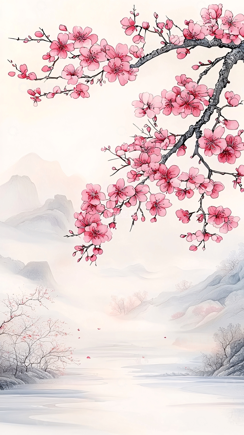 高清大图下载【趣麦麦图】樱花盛开的冬日山水画