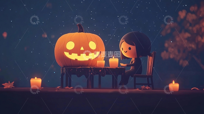 高清大图下载【趣麦麦图】万圣节夜晚南瓜灯与小女孩