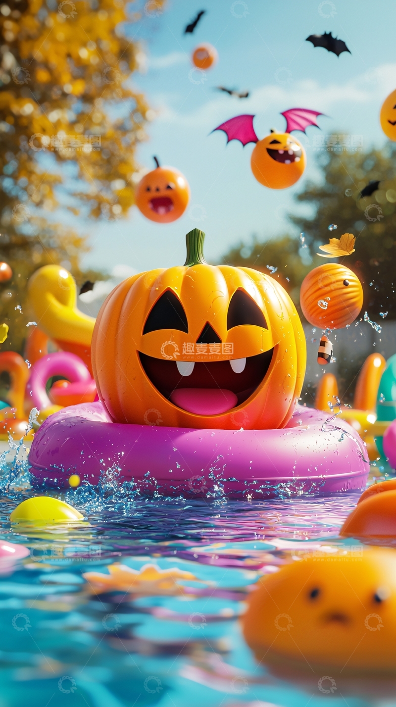 高清大图下载【趣麦麦图】万圣节南瓜游泳池派对