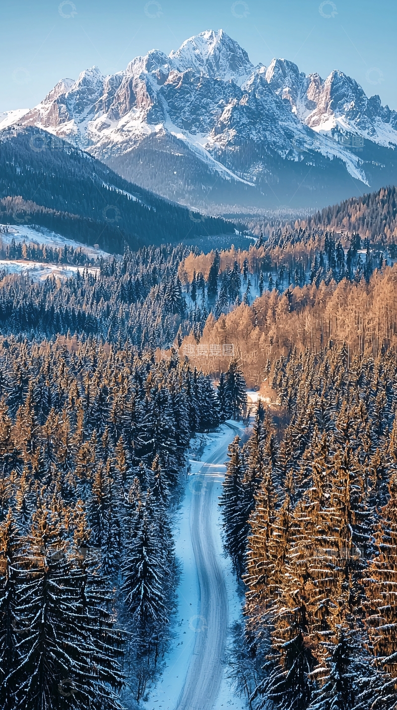 高清大图下载【趣麦麦图】秋意盎然的森林雪山公路航拍