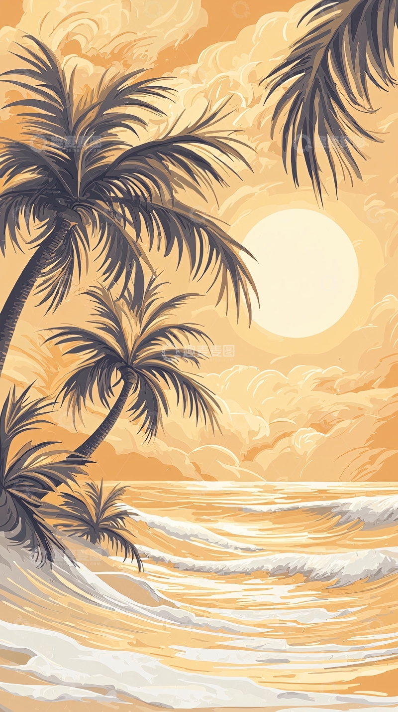 高清大图下载【趣麦麦图】热带海滩日落棕榈树