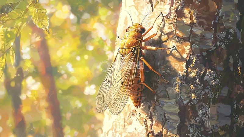 高清大图下载【趣麦麦图】蝉鸣夏日树影下的昆虫