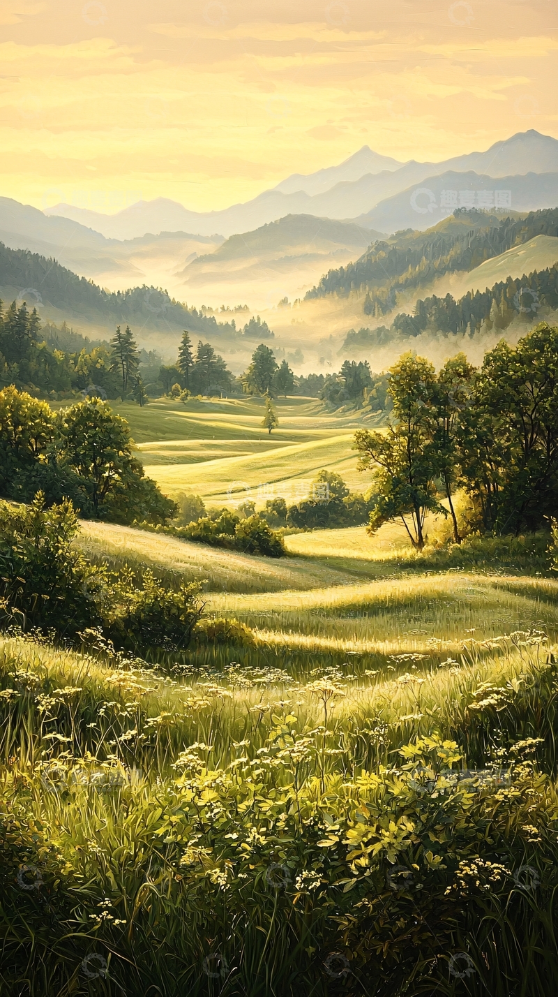 高清大图下载【趣麦麦图】晨曦山间绿野风光