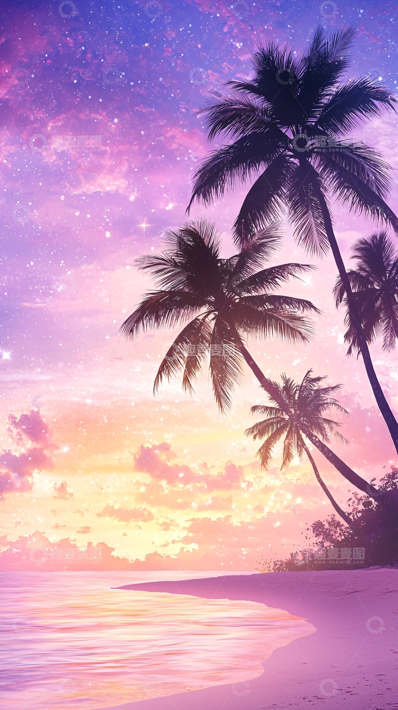 高清大图下载【趣麦麦图】梦幻海滩椰树日落风景