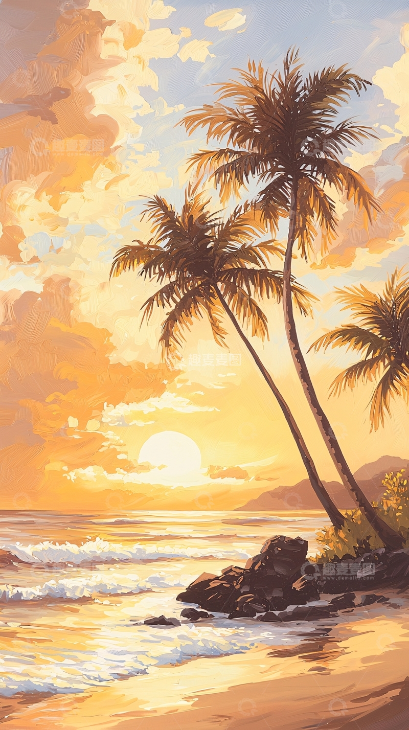 高清大图下载【趣麦麦图】热带海滩日落风景画