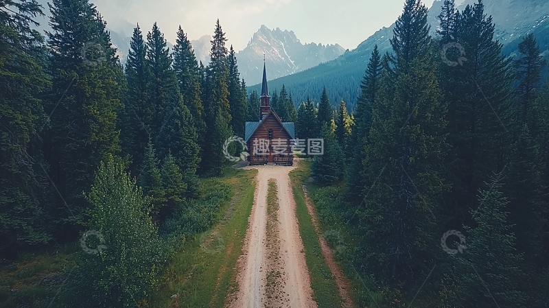 高清大图下载【趣麦麦图】森林与雪山相伴的公路航拍