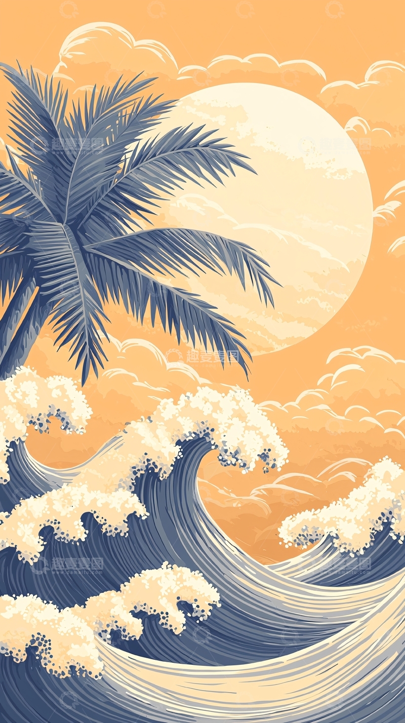 高清大图下载【趣麦麦图】夏日海滩日落海浪椰树