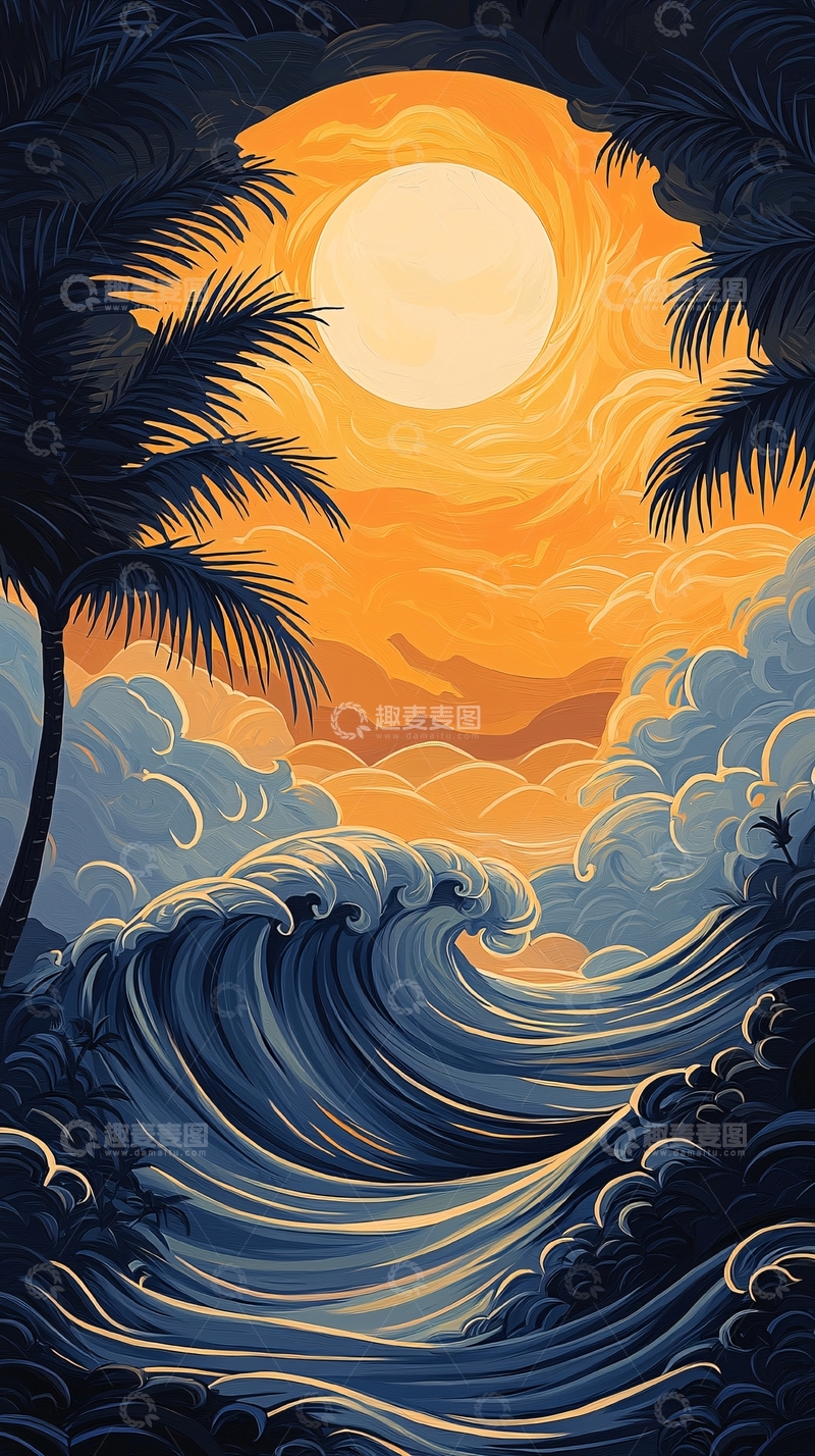 高清大图下载【趣麦麦图】日落海滩椰树海浪