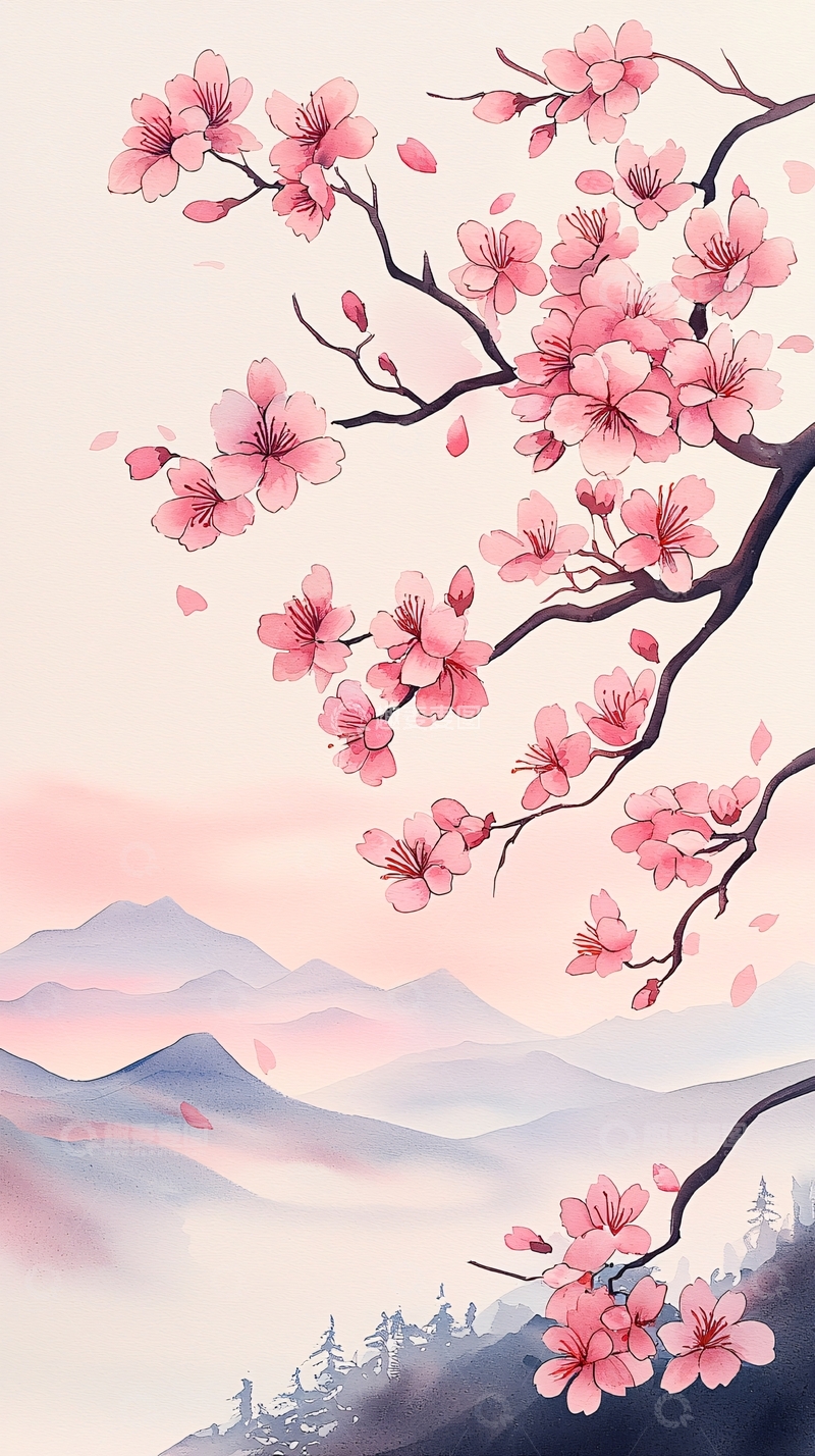 高清大图下载【趣麦麦图】樱花盛开的山间风景