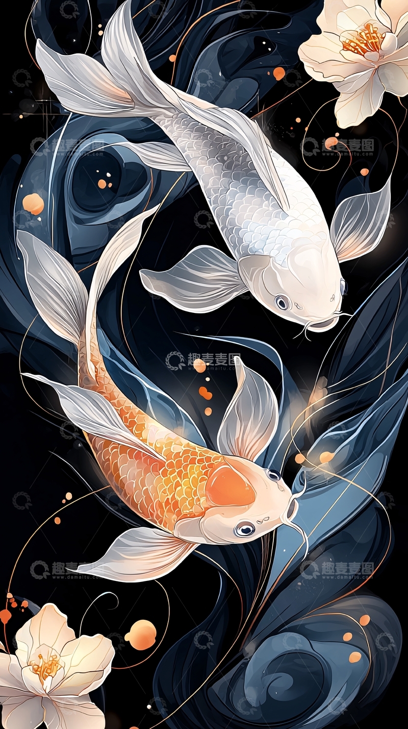高清大图下载【趣麦麦图】金鱼与莲花的艺术插画