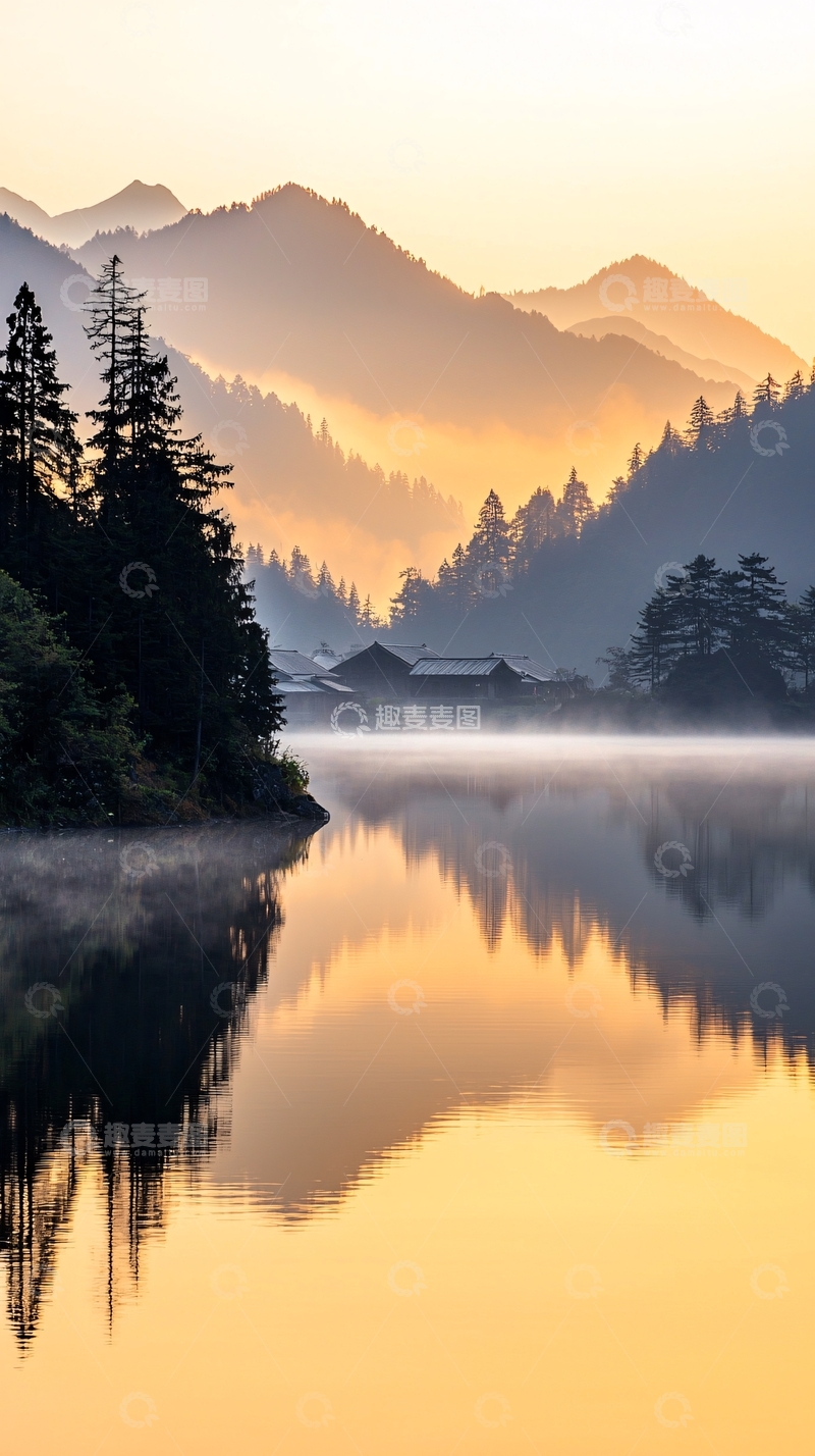 高清大图下载【趣麦麦图】晨雾中的宁静湖景