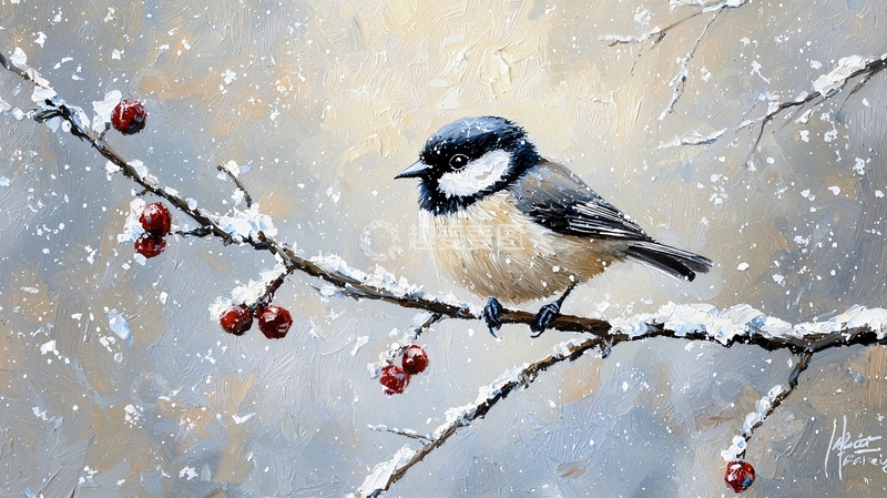 高清大图下载【趣麦麦图】冬日雪景中的小鸟与红果