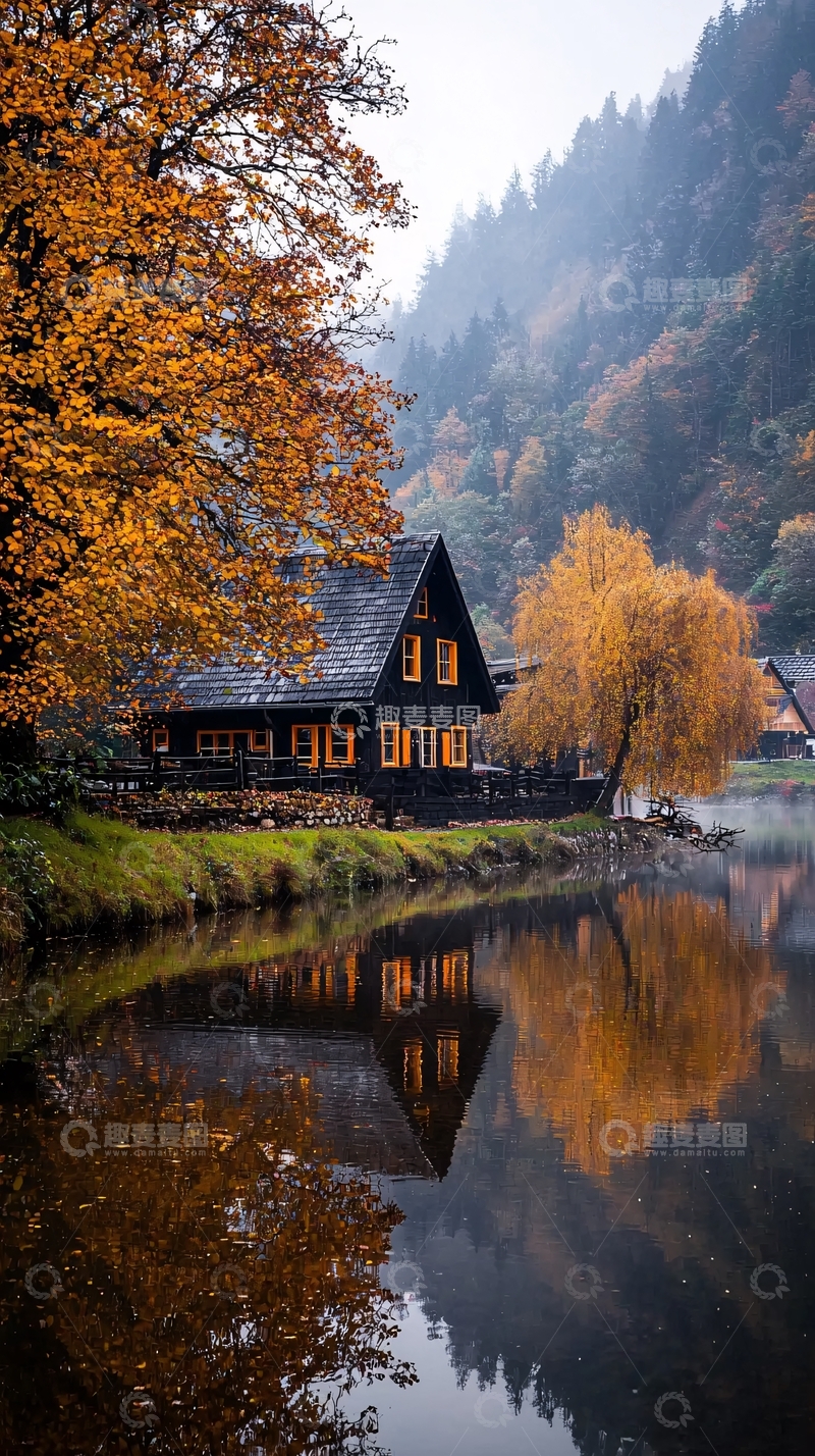 高清大图下载【趣麦麦图】秋日湖畔木屋风景