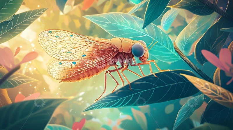 高清大图下载【趣麦麦图】夏日森林中的蝉与绿叶