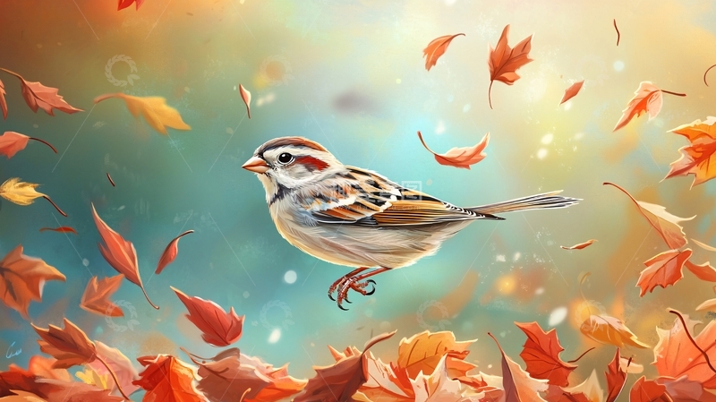 高清大图下载【趣麦麦图】秋日落叶中的麻雀