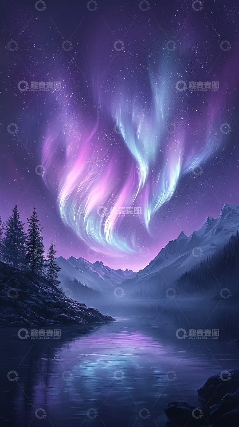 高清大图下载【趣麦麦图】极光下的静谧湖景