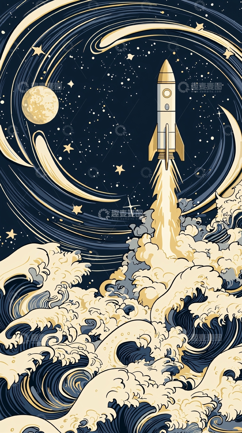 高清大图下载【趣麦麦图】火箭升空与波浪插画