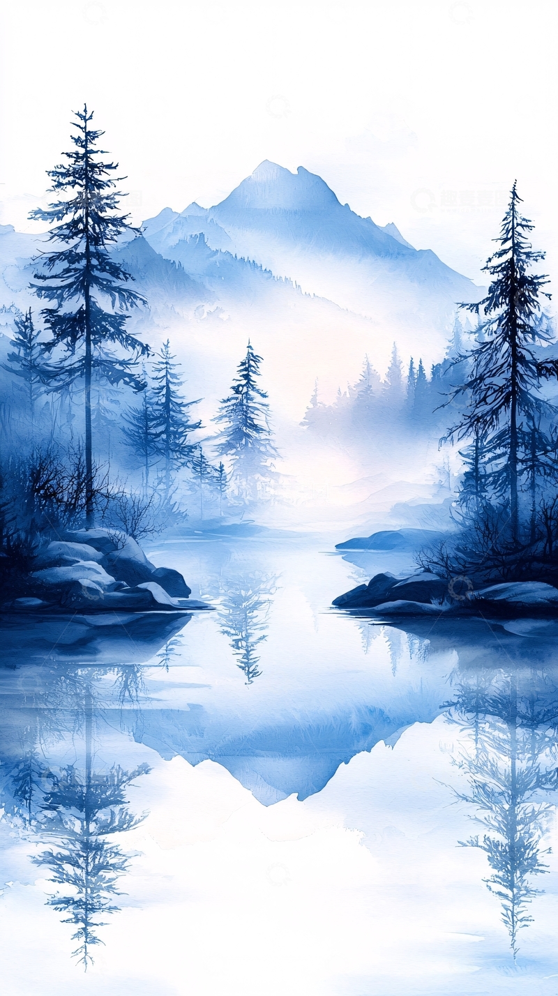 高清大图下载【趣麦麦图】冬日山林静谧湖景