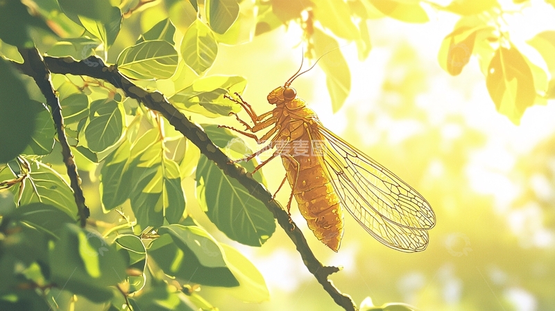 高清大图下载【趣麦麦图】蝉在阳光下的树枝上