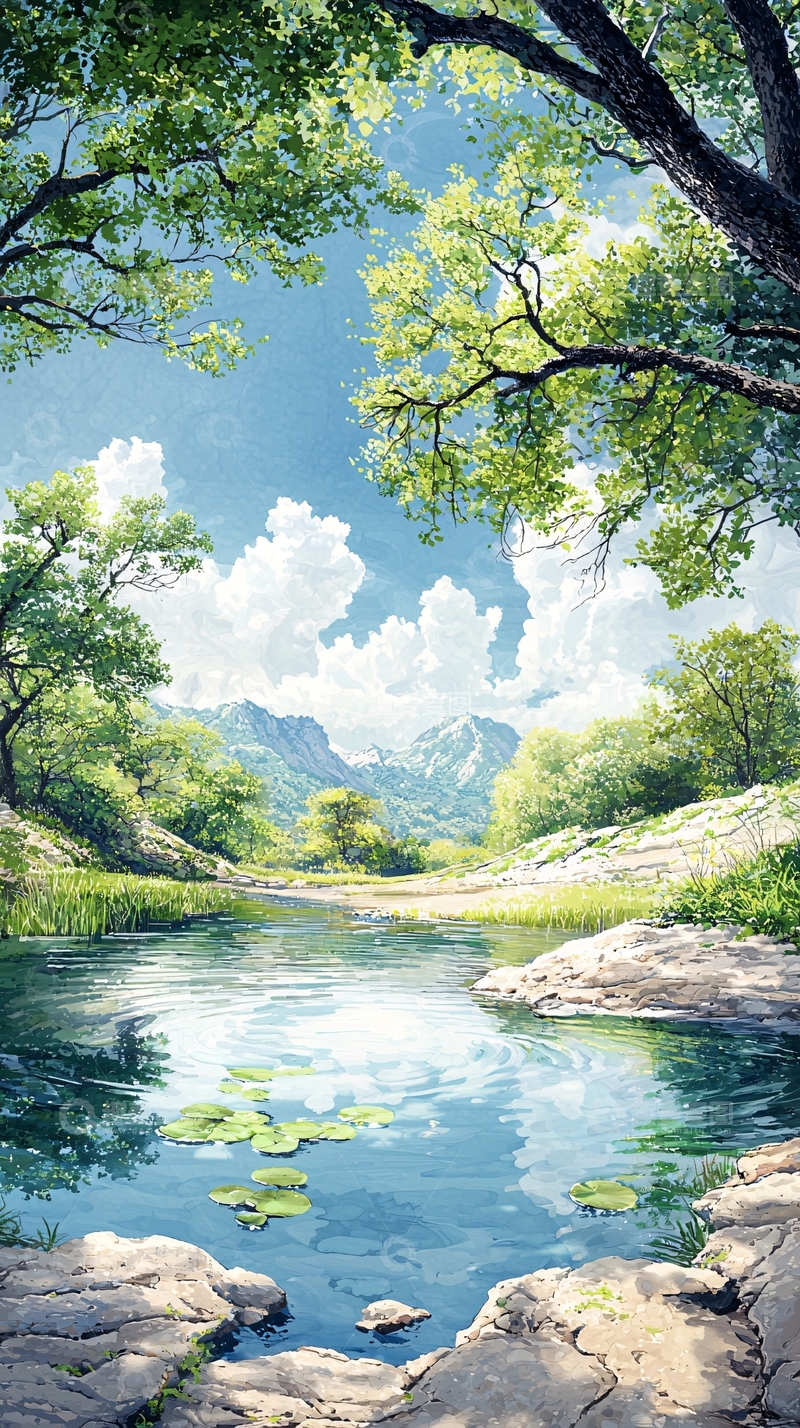 高清大图下载【趣麦麦图】山间小溪绿意盎然