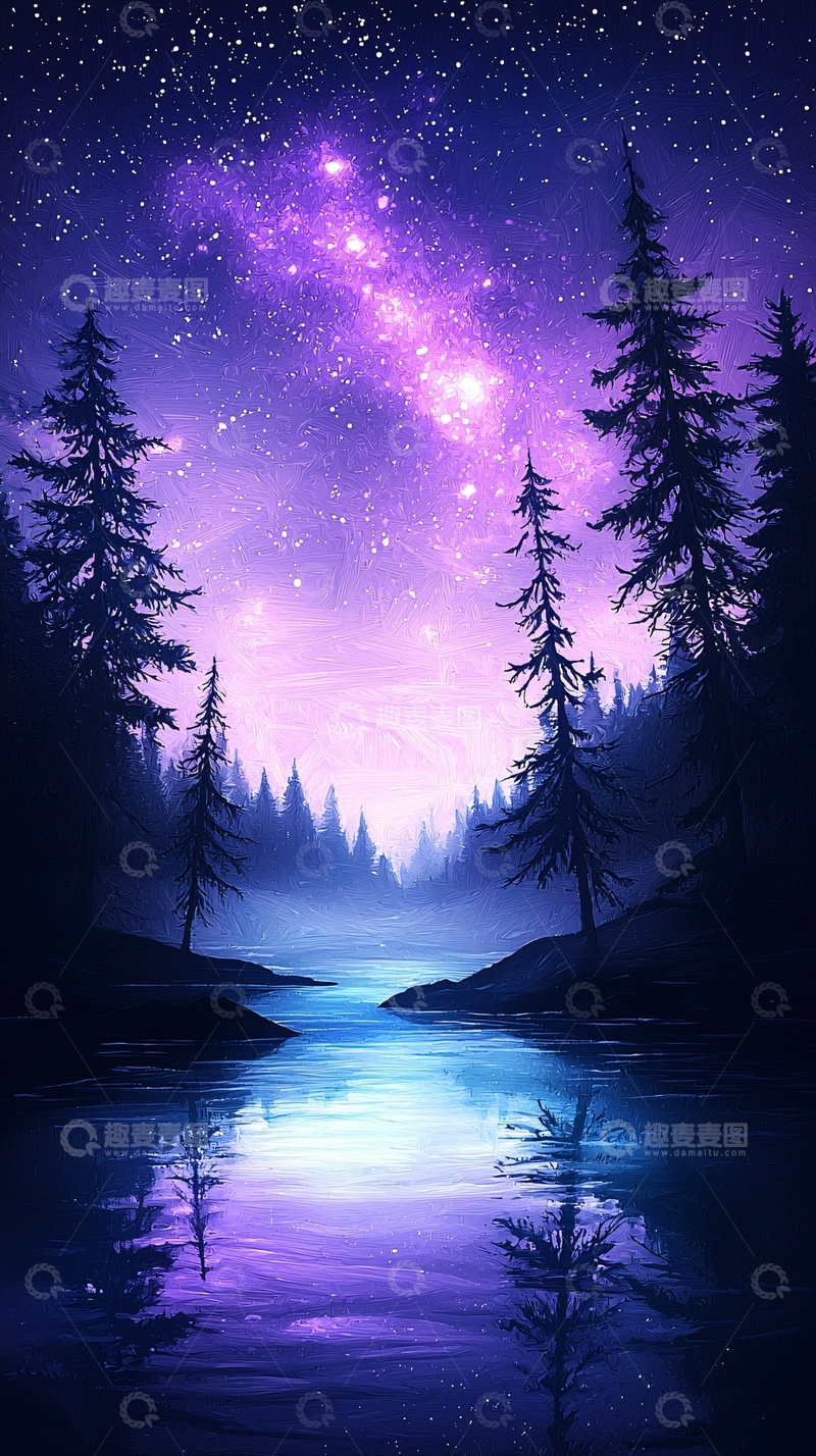 高清大图下载【趣麦麦图】夜色森林河流星空