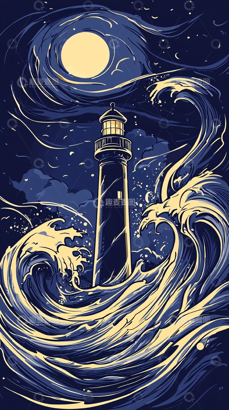 高清大图下载【趣麦麦图】夜海灯塔与汹涌波涛