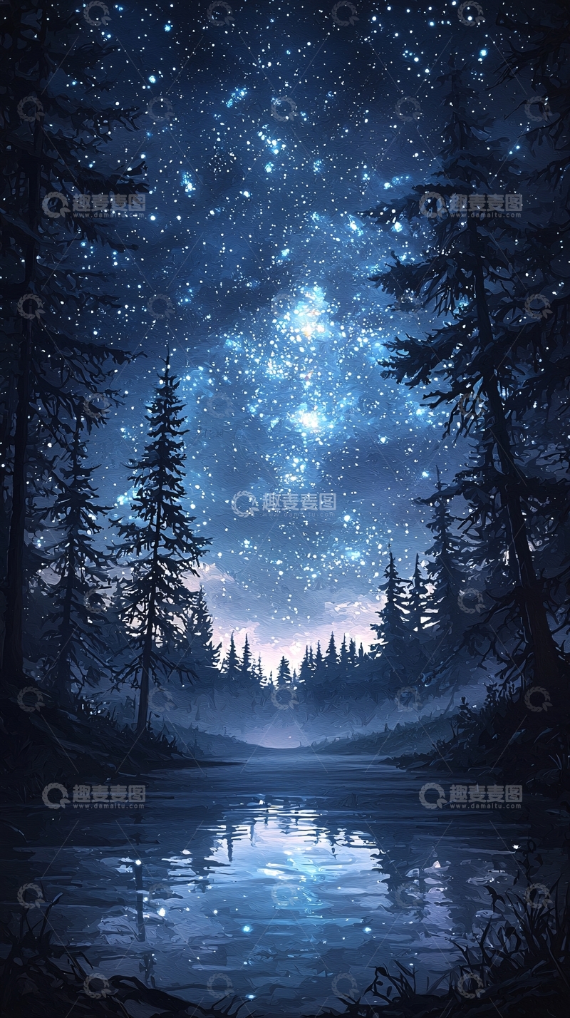 高清大图下载【趣麦麦图】夜色森林星空下的宁静河流