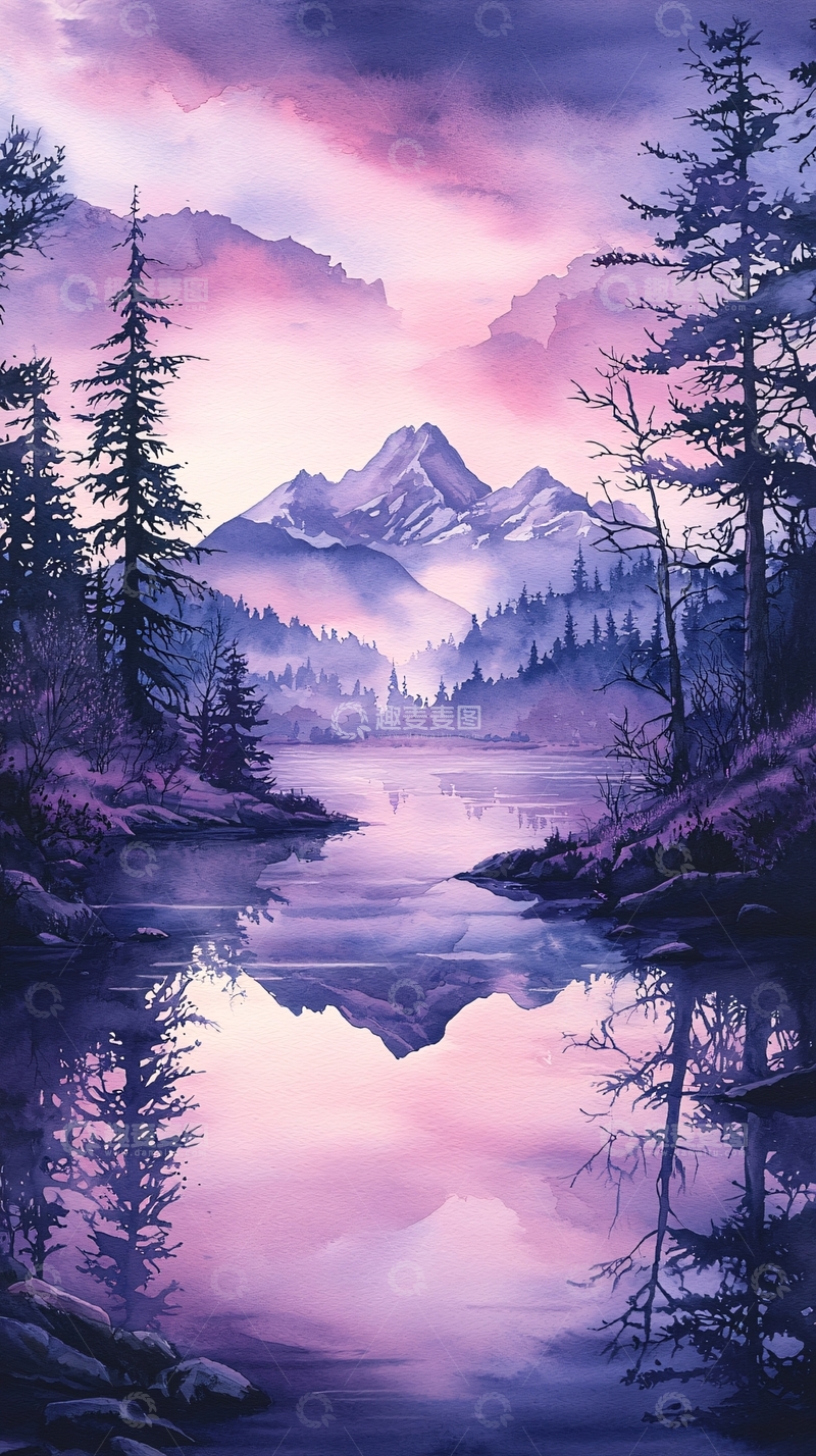 高清大图下载【趣麦麦图】紫色晨雾中的雪山湖泊