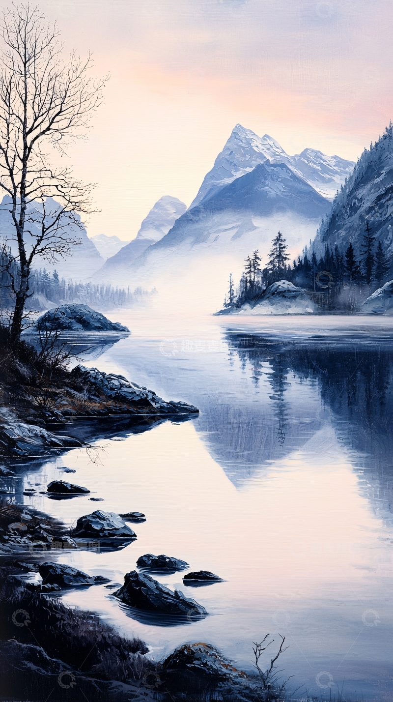 高清大图下载【趣麦麦图】冬日静谧湖畔雪山图