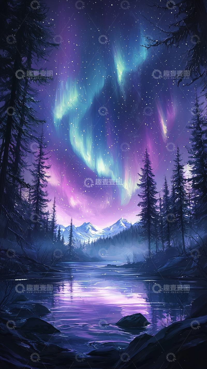 高清大图下载【趣麦麦图】极光下的森林河流夜景