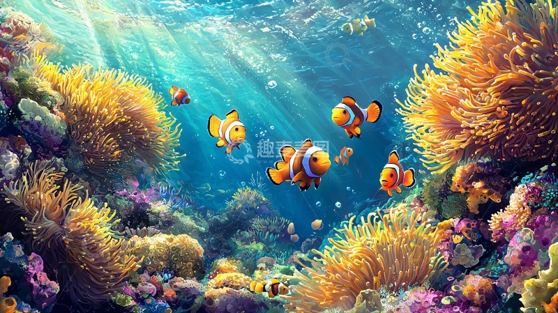 高清大图下载【趣麦麦图】海底珊瑚礁与小丑鱼