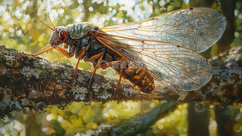 高清大图下载【趣麦麦图】蝉栖息在树枝上的特写
