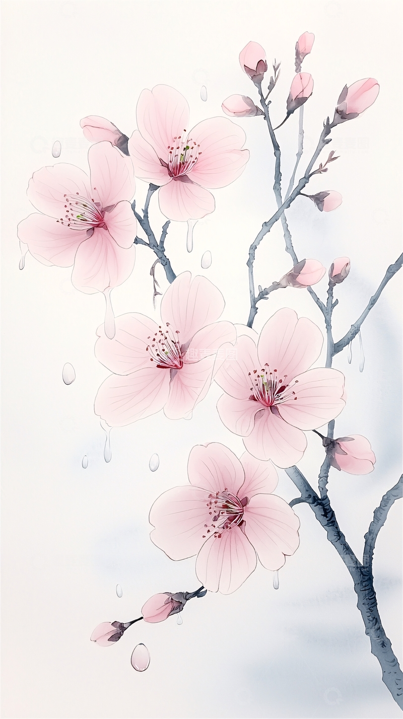 高清大图下载【趣麦麦图】桃花盛开的树枝插画