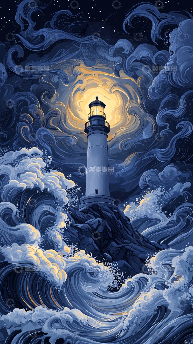 高清大图下载【趣麦麦图】夜海灯塔与汹涌波涛