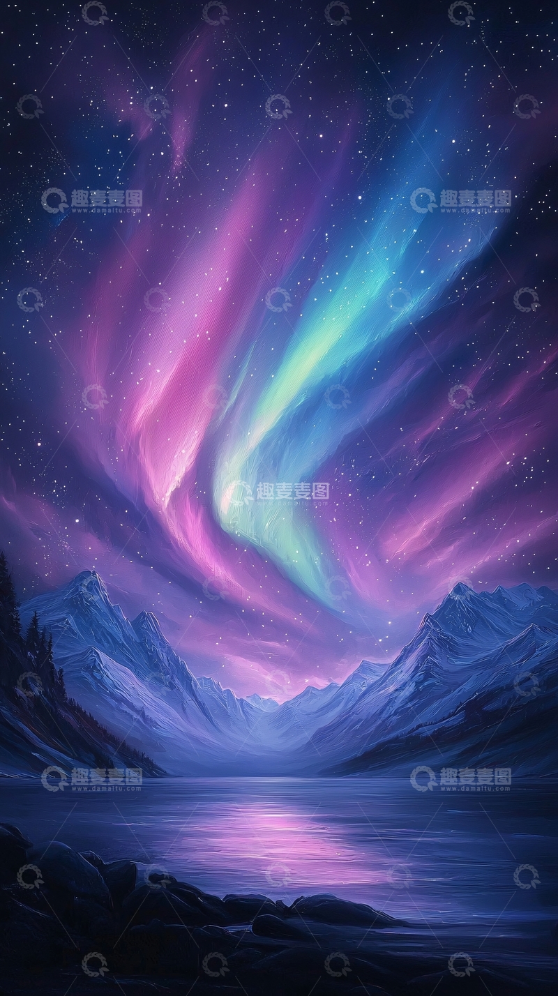 高清大图下载【趣麦麦图】极光下的雪山湖泊