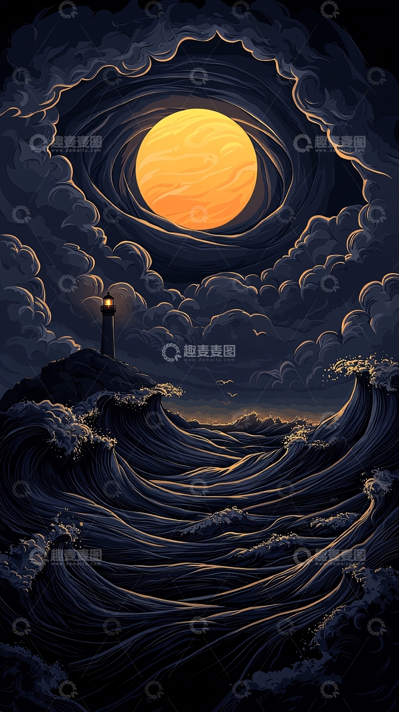 高清大图下载【趣麦麦图】夜海灯塔与巨浪