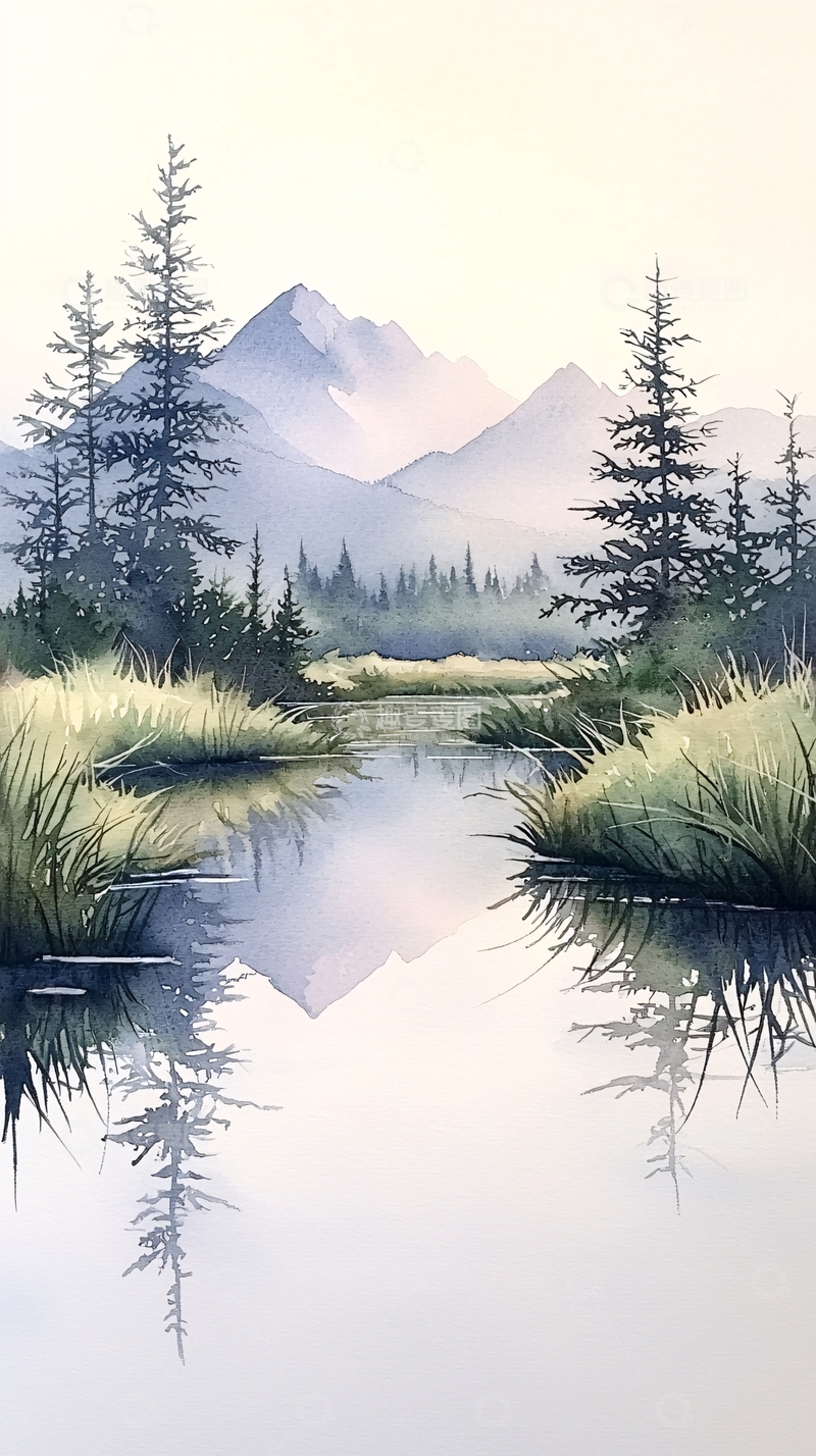高清大图下载【趣麦麦图】山间静谧湖景水彩画