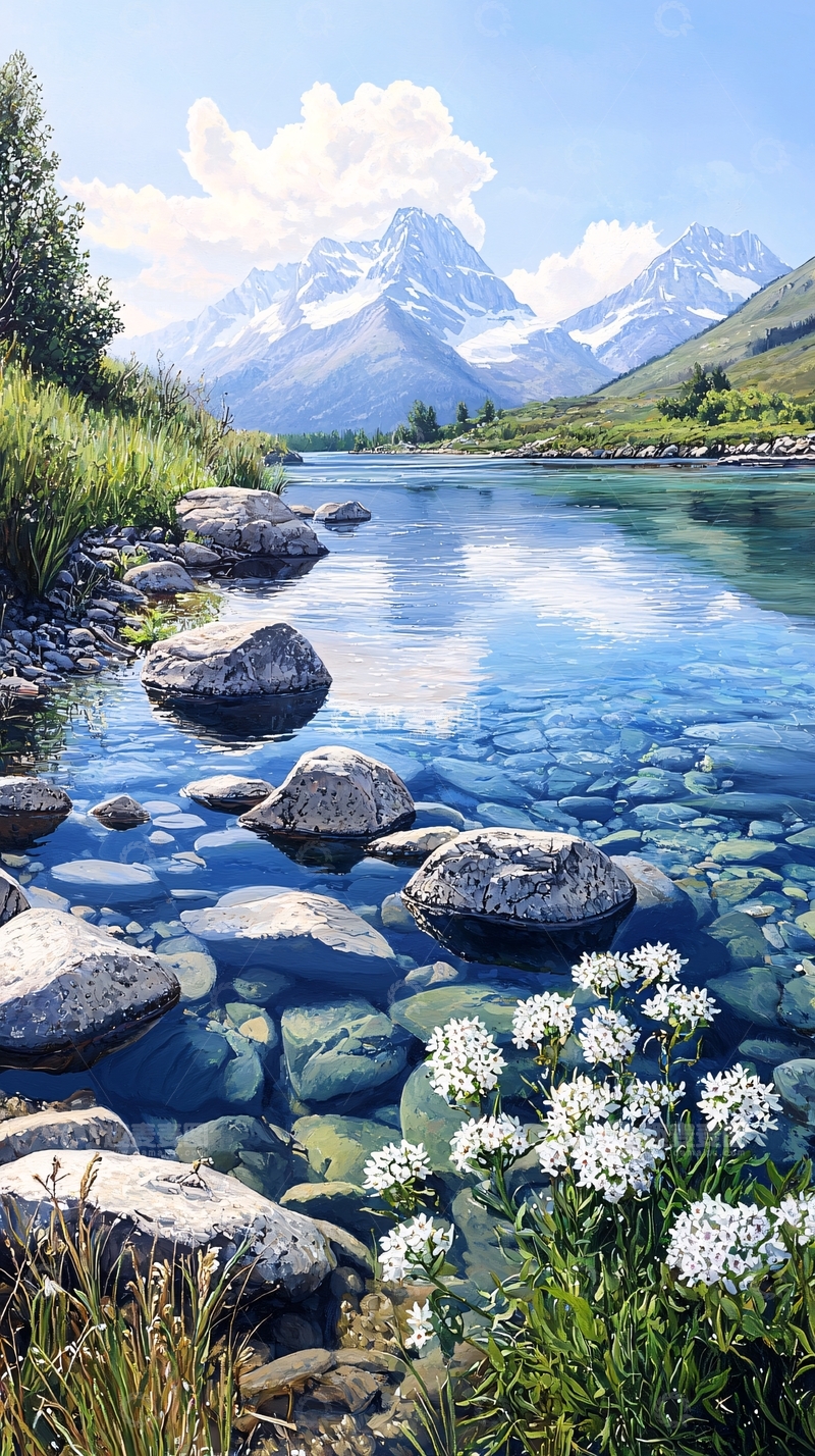 高清大图下载【趣麦麦图】雪山下的清澈河流与野花