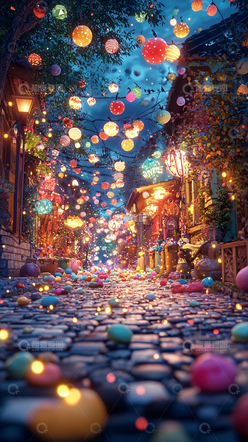 高清大图下载【趣麦麦图】夜市灯笼装饰街道