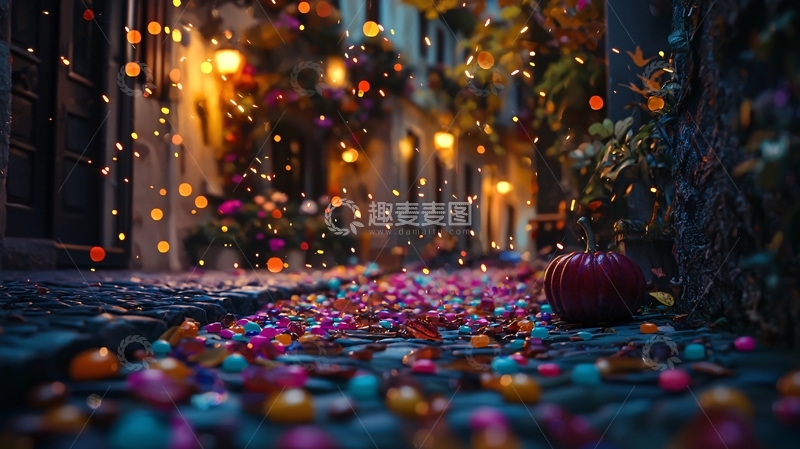 高清大图下载【趣麦麦图】万圣节夜晚街道糖果掉落