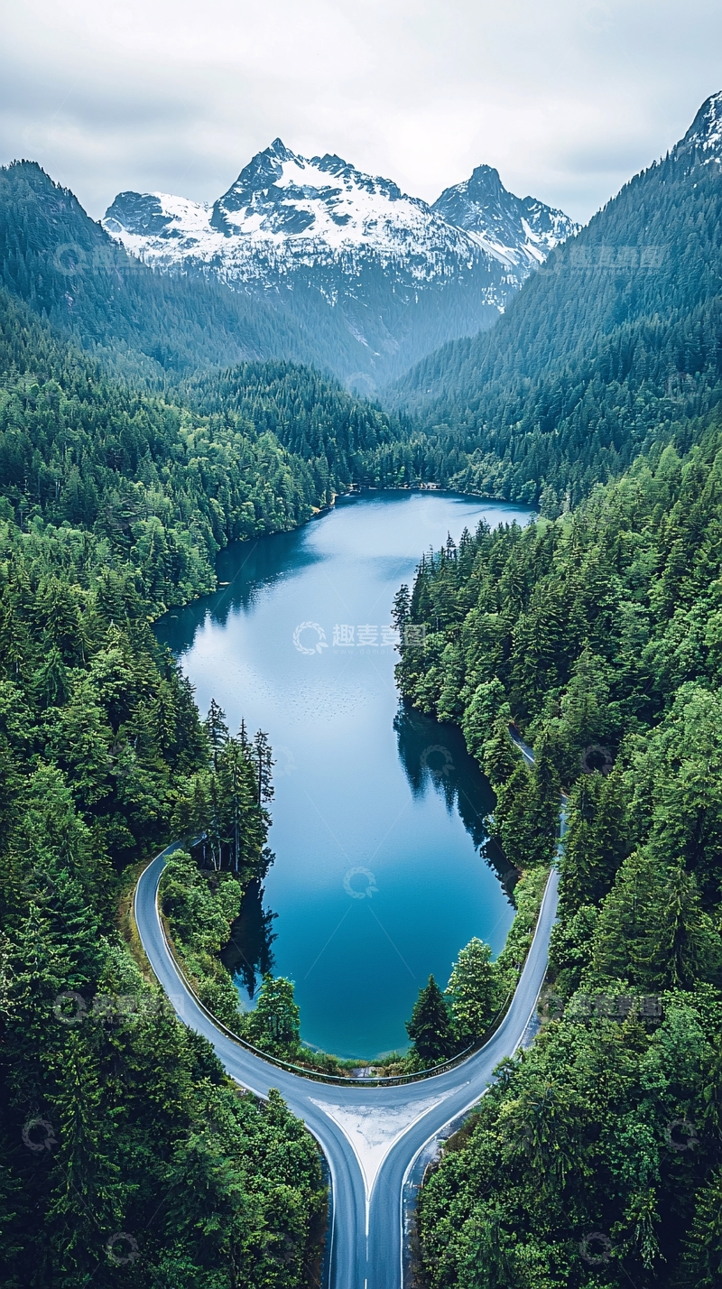 高清大图下载【趣麦麦图】环湖雪山森林的公路航拍