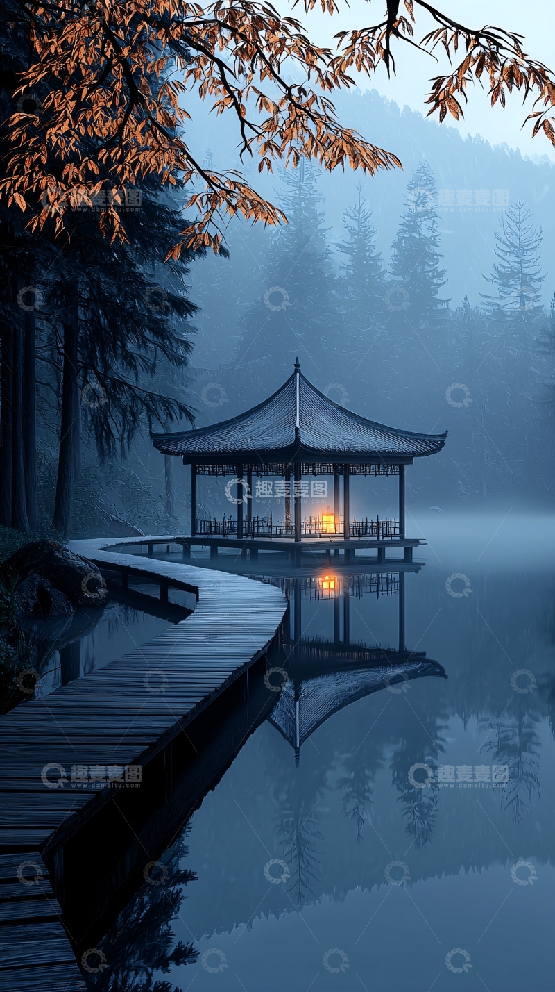高清大图下载【趣麦麦图】秋夜湖畔亭阁