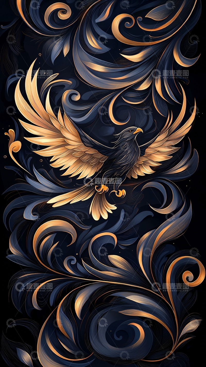 高清大图下载【趣麦麦图】金色凤凰与漩涡背景