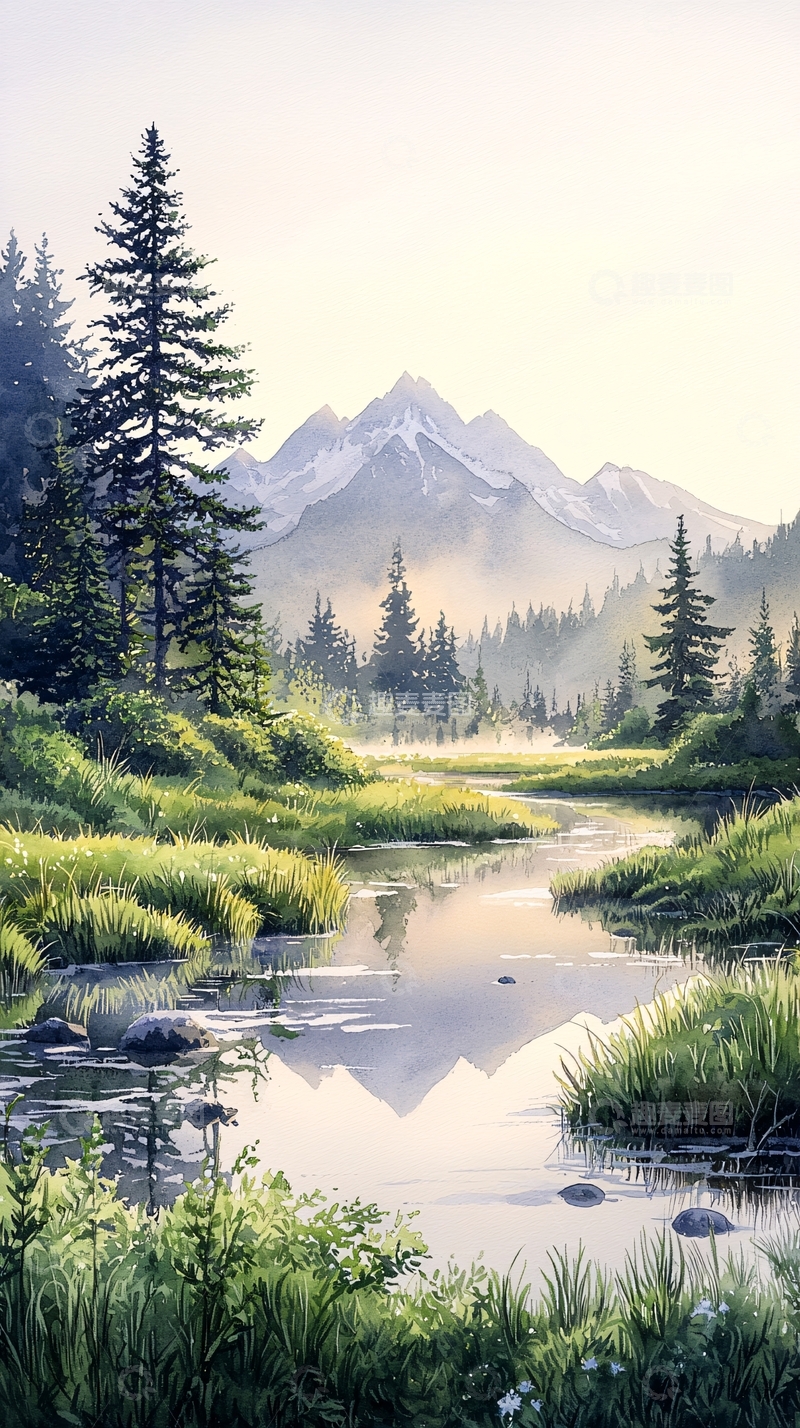 高清大图下载【趣麦麦图】雪山倒影宁静溪流