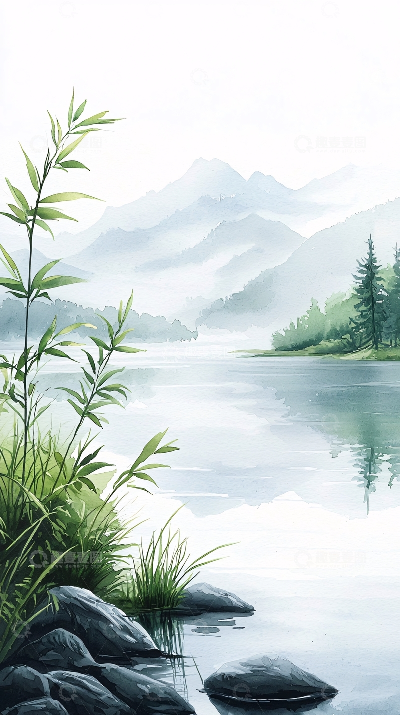 高清大图下载【趣麦麦图】山水静谧湖畔风景图