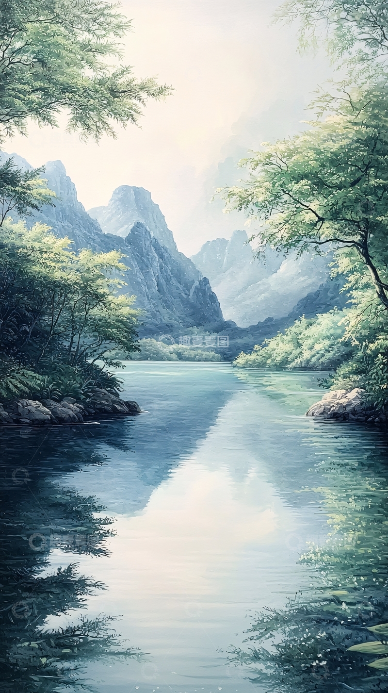 高清大图下载【趣麦麦图】山水画风宁静河流自然风景