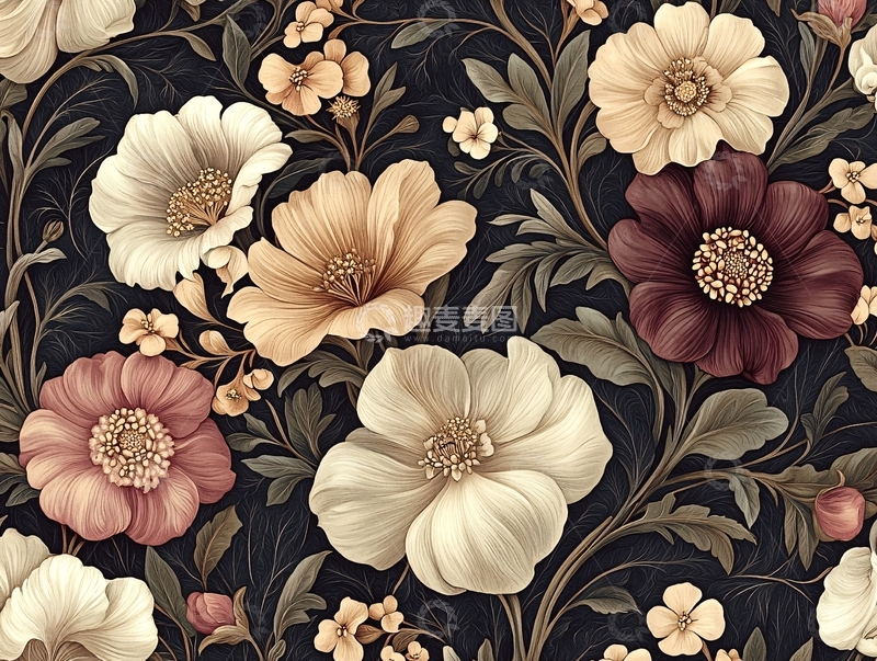 高清大图下载【趣麦麦图】莫里斯风格的曲线花卉图案