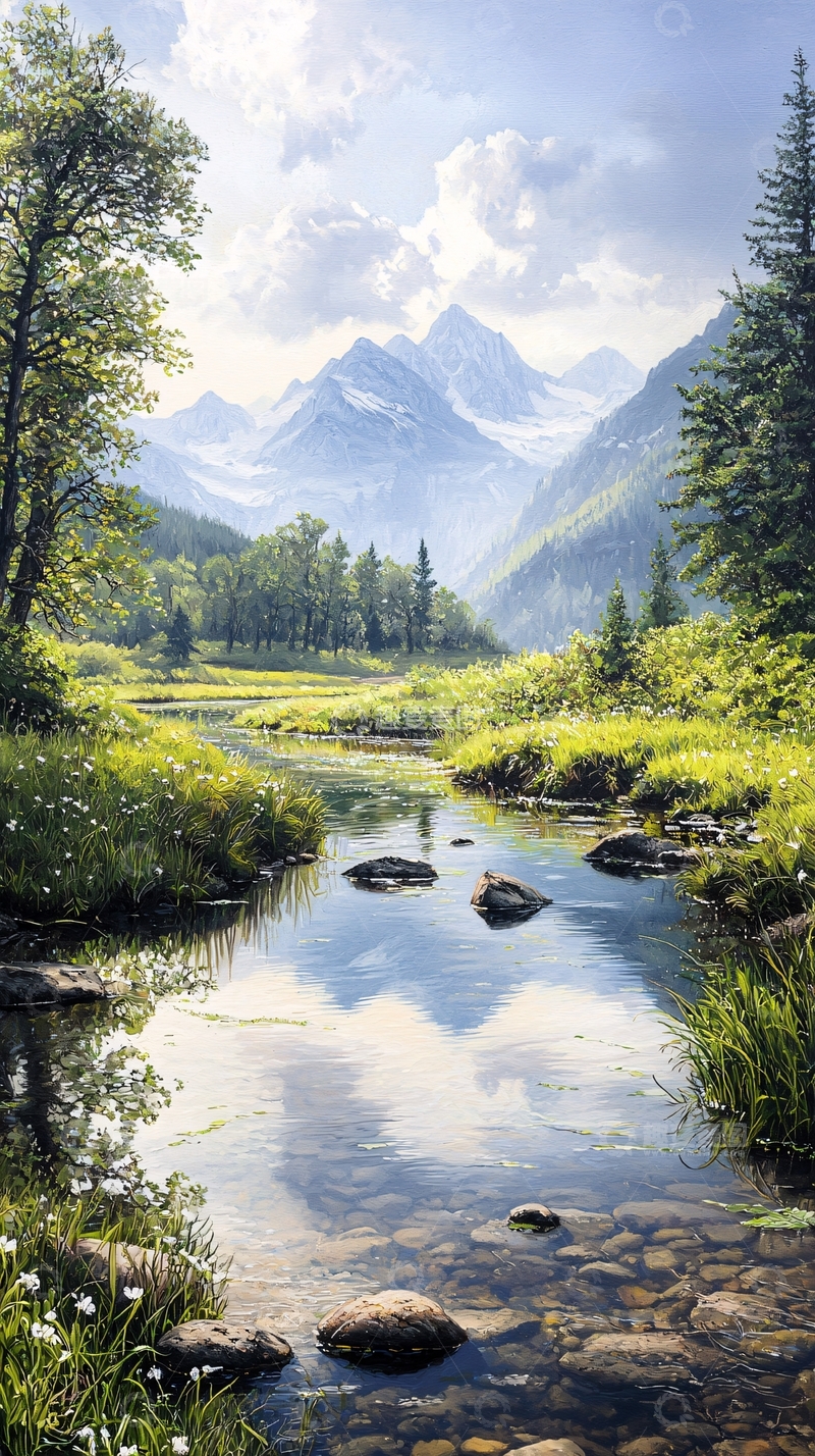 高清大图下载【趣麦麦图】雪山下的静谧溪流